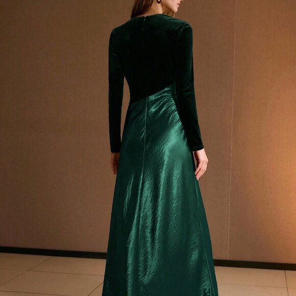 Dark Green Elegant Women's Velvet & Satin Patchwork Split Hem Dress - Picture 3 of 6